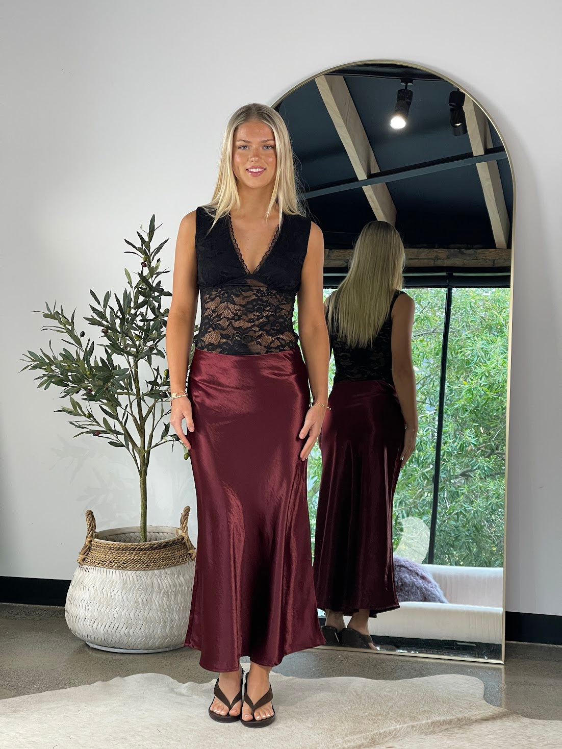 Merlot Satin‑Fall Skirt