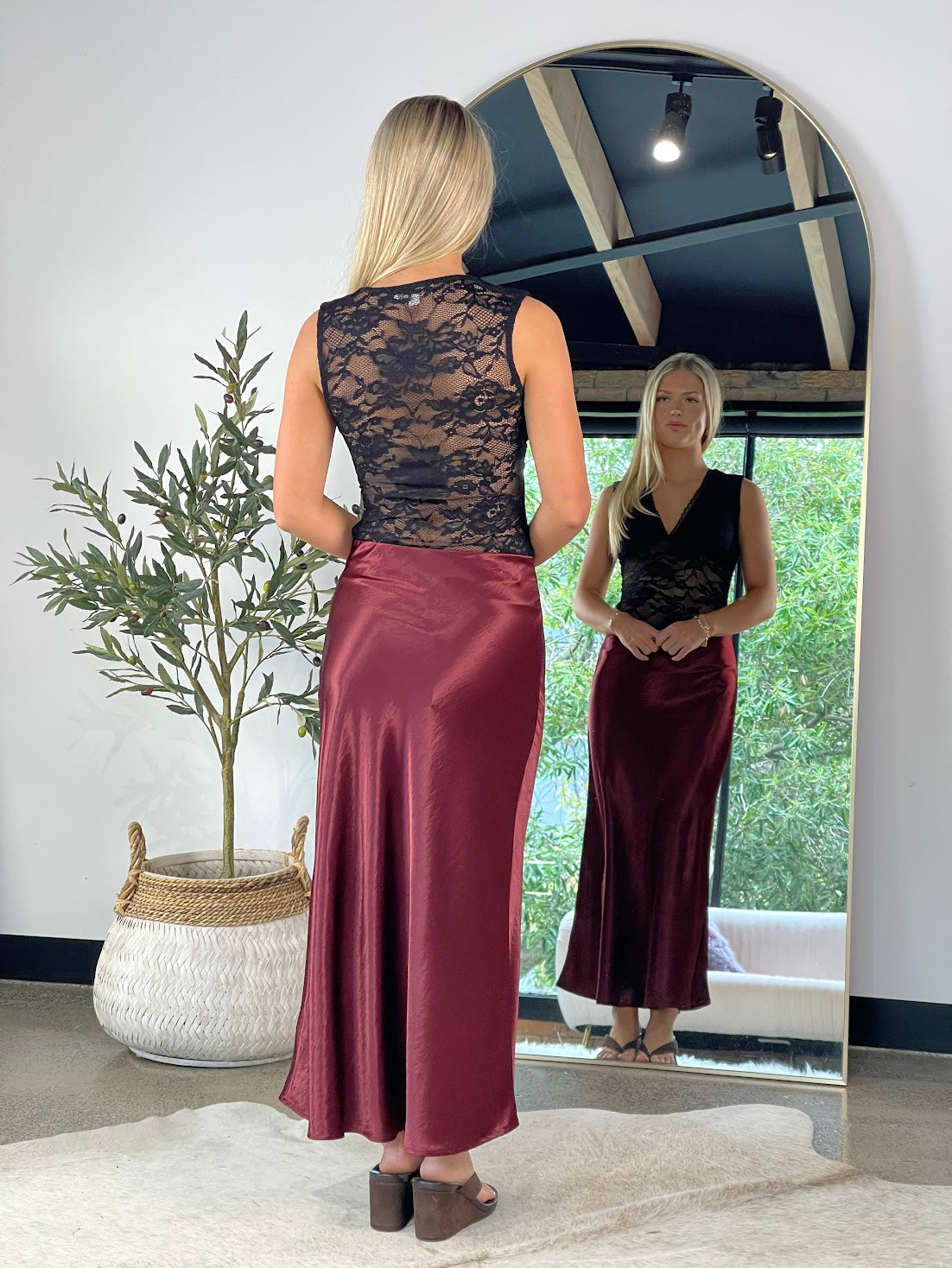 Merlot Satin‑Fall Skirt