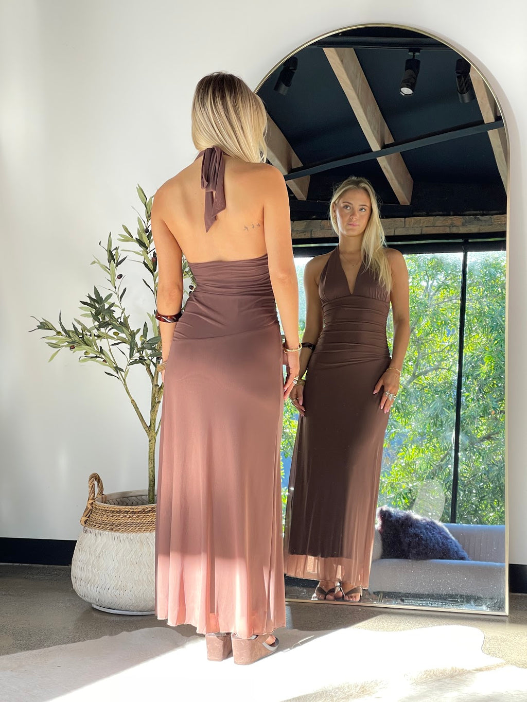 Mocha Drift Halter Dress